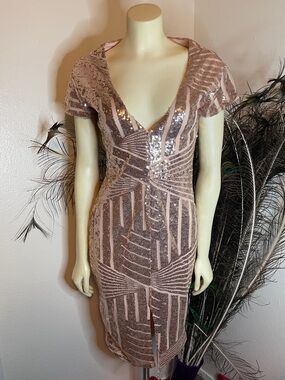Rose-Gold Sequin V-Neck Midi Dress